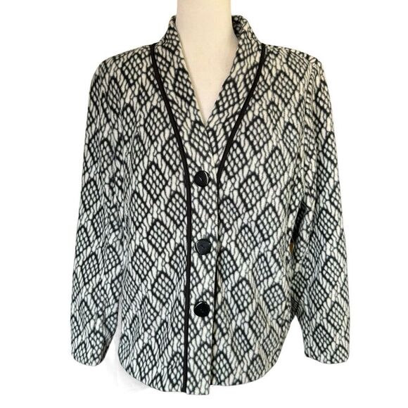 Bob Mackie Fleece Jacket Black White Geometric Print Sz L Career Jacket Classic - Picture 1 of 9